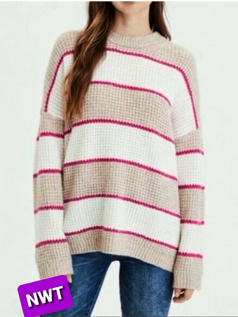 American Eagle Waffle Knit Pink Striped Sweater M New England Coastal